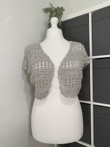 M&S Per Una Crochet Shrug Cardigan Cardi Cover Up Fits UK 18 Silver Occasion - Picture 1 of 8