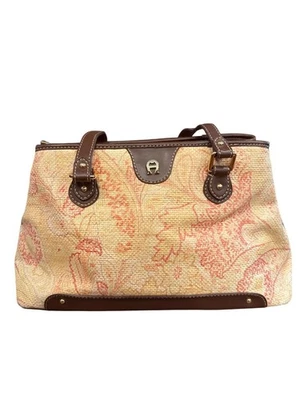 Bolso de Mano Vintage Etienne Aigner Tapiz Cuero Marrón Borde Floral Cartera Cartera Foto 1 de 4