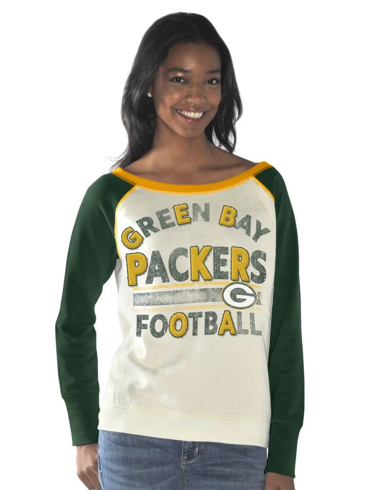 Sudadera para mujer Green Bay Packers cuello ancho desteñida crema, mediana Foto 1 de 1