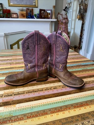 Laredo Cowboy Boots Women 6.5M Brown Leather Western  Embroidery Purple Boho - Image 1 of 4