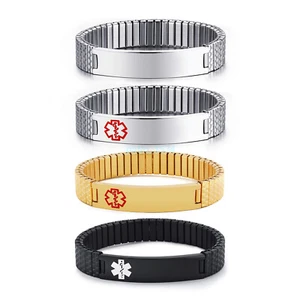 2025 Plated Men's Medical Alert ID Spring Stretch Bracelet Bangle Free Engraving - Picture 1 of 17