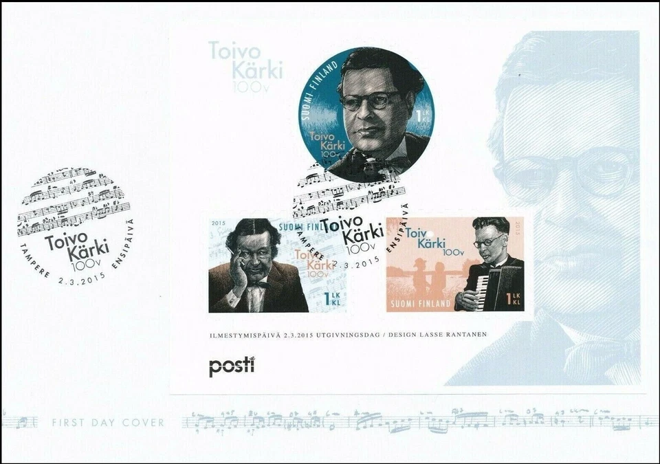 Music Most Popular Lyricist Toivo Kärki 100 Year Finland Mint FDC Sheet 2015 - Image 1 of 1