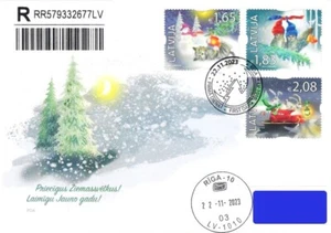Latvia 2023 (21) Christmas - Cat - Owls - Bunnies (addressed FDC) - Picture 1 of 1
