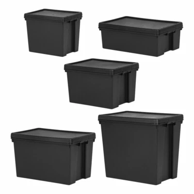 Recycled Heavy Duty Plastic Storage Box Black Container Clip Lid Indoor Outdoor - Image 1 of 4