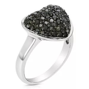 1 ct Black Diamond Heart Ring for Women .925 Sterling Silver with Rhodium Prong - Picture 1 of 7