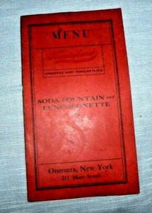VINTAGE MENU KANDYLAND ONEONTA NEW YORK 1930's