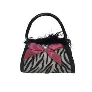 Tabletop Purse Paperweight Mini Black White Striped Pink Bow Decor 3.25”x 3.5” - Picture 1 of 9