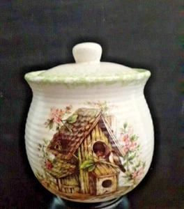 Cream Green Speckled Stoneware Canister w/Lid Birdhouse Pink Flowers EUC - Picture 1 of 8