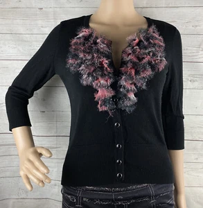 White House Black Market Cardigan Sweater Small Lightweight Chiffon Feather Trim - Picture 1 of 12