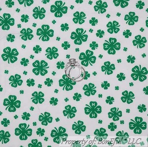 BonEful Fabric FQ Cotton Quilt White Green 4H Club Leaf Clover Home School Farm - Picture 1 of 12