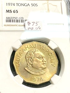 1974 Tonga 50 Seniti NGC MS65, Finest Graded Beauty, Scratch-Free Holder CHRC - Picture 1 of 3