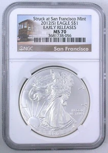 2012 S American Silver Eagle - NGC MS70 Early Release Grade MS70 Label Brown - Picture 1 of 2