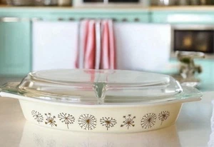 Vintage 1959 Pyrex Promo Dandelion Duet Divided Casserole w/ Lid - Picture 1 of 14