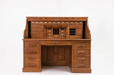 Escritorio enrollable vintage de roble macizo • Decenas de cajones y cubbitos • Oficina en casa Foto 1 de 3