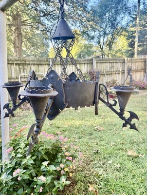 vintage Gothic Batwing Chandelier, Medieval Inspired, cloth wire, rugged, Axe - Image 1 of 4