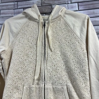 VTG Lucky Brand womens M jacket zip Hoodie Lace Eyelet Overlay Ivory cotton Y2K - Image 1 of 4