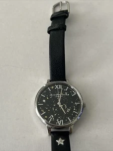 Olivia Burton London Womens Quartz Watch Analog Silver Tone Black Leather Strap - Picture 1 of 11