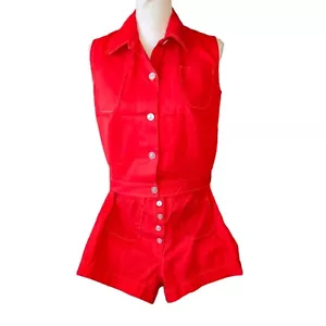 Vintage 70s XS/S Red 2 Piece Summer Outfit Shorts Set Button Up Shirt Retro - Picture 1 of 13