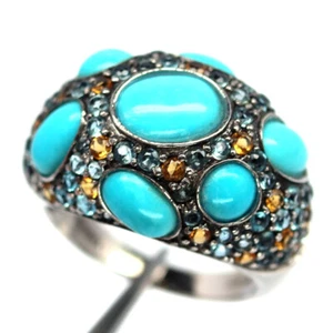 925 Silver 7 x 9 MM. Blue Turquoise & Fancy Color Sapphire Vintage Ring Size 9 - Picture 1 of 4