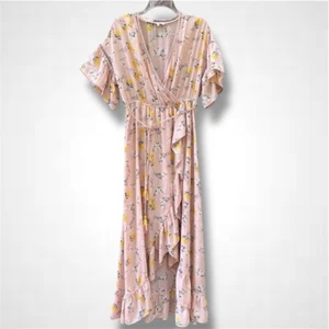 ASOS Moon River rosa gelb Blumen Faux Wickel High-Low Kleid Flatterärmel Medium - Bild 1 von 9