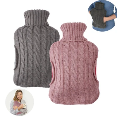 ALMINEEZ 2L Hot Water Bottle Knitted Cover Bag With Built In Hand Warmer Pockets Faux Fur