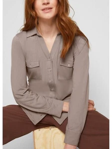 Ladies Long Sleeve Pocket Jersey Shirt in Taupe - Size 10/12 to 26/28 (S to 2XL) - Picture 1 of 6