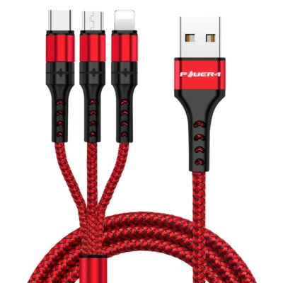 Nylon Braided 3 Heads Charging Cable Cord Android Micro TYPE C iPhone Compatible - Image 1 of 4
