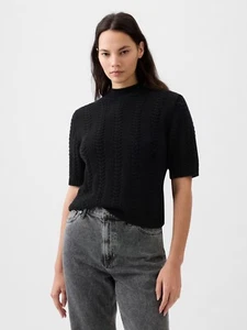 GAP WOMEN Pointelle  Mockneck Short Sleeve Sweater XLT XL TALL Black $59 NWT - Picture 1 of 6