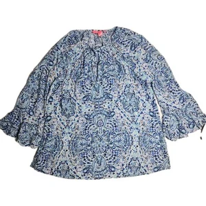 Lilly Pulitzer Womens Top Medium Blue Call My Shell Phone Willa Flounce Sleeve - Picture 1 of 12