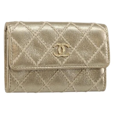 CHANEL Wild Stitch Estuche para Tarjetas Cuero Dorado CC Auténtico 145709 Foto 1 de 4