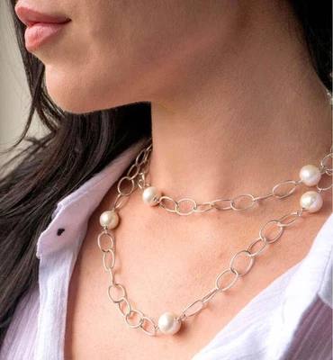 River Pearl & Hammered Sterling Silver Necklace 24", Vintage Style, MSRP $287.50 - Image 1 of 4
