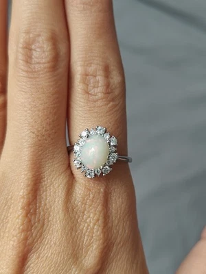 natural Opal surrounded with cubic zirconia Adjustable Silver Plated Ring - Image 1 of 4