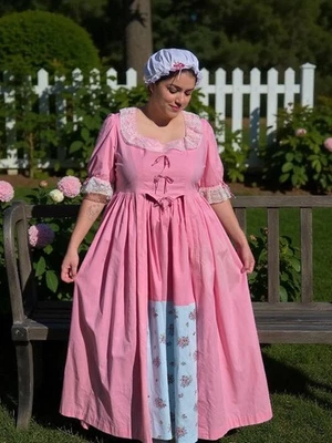 Women Colonial Gown Pink Blue Floral 100% Cotton Dress with Mop Cap DAR LARP - Image 1 of 4