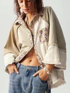 SHEIN Boho Floral Patchwork Blouse Shirt Beige Oversized Size Small Cottagecore - Picture 1 of 8
