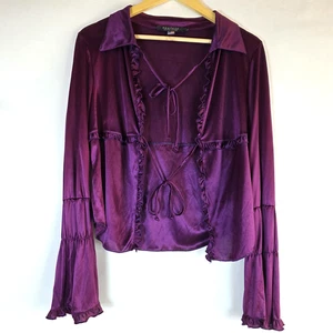 VTG Rampage L Purple Satin Ruffle Bell Sleeve String Blouse Witch Whimsigoth Y2K - Picture 1 of 20