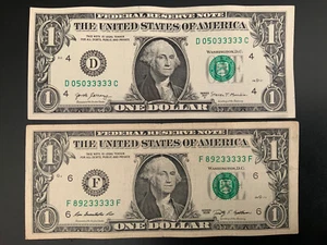 2017A,2009 $1 DOLLAR BILL D05033333C, F89233333F (FF) - Picture 1 of 6