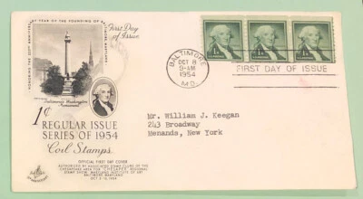 Sc 1031 1c Is 1954 George Washington Block of 3 FDC Art Craft Cachet - Image 1 of 2