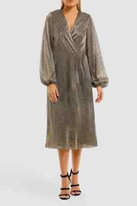 REBECCA VALLANCE Rivero Gold LS Wrap Midi Dress Formal Size 8 AU RRP 829 - Picture 1 of 3