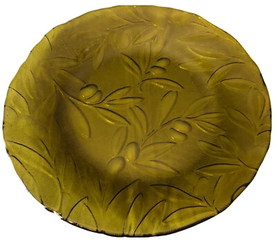 "Juego de 4 platos Williams Sonoma de vidrio prensado verde ramas de olivo en relieve de 11""" Foto 1 de 4