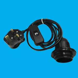 E27 ES Black UK 3pin Plug Light Bulb Holder Inline Switch Desk Table Lamp - Picture 1 of 6
