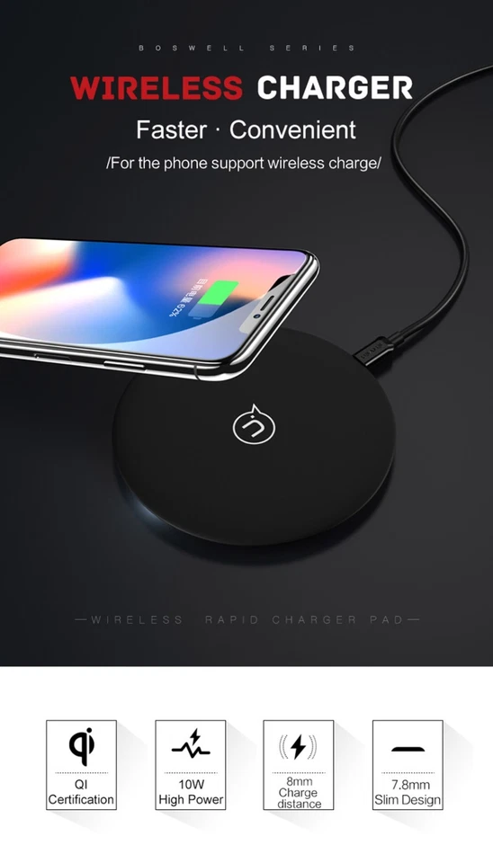 Almohadilla de carga rápida inalámbrica de diseño ultrafino para iPhone 8 Samsung S8 negra Foto 1 de 4