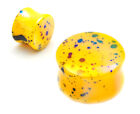 Pair of Yellow Opalescent Splatter Acrylic Plugs Double Flare (PA-413) gauges