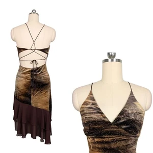 Y2K Samt Midikleid L braun Fee Grunge Vintage Rüschen Schnürung asymmetrisch - Bild 1 von 10
