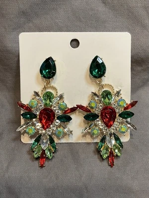 NWT Red And Green Sparkling Rhinestone Snowflake Earrings #1130 - Image 1 of 4