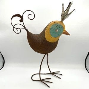 Rustic Scrap Metal Yellow & Blue Long Leg Bird wearing Crown Statue Home Garden - Picture 1 of 7