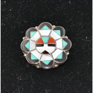 Native American Zuni Silver Turquoise Coral Onyx Mosaic Sunface Broach/Pendant - Picture 1 of 5