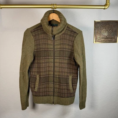 Chaqueta Suéter LRL Ralph Lauren Petite Mezcla de Lana a Cuadros Cremallera Verde Marrón Foto 1 de 4