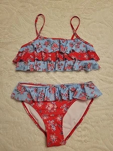 Wallflower Juniors Girls Floral Ruffle Swimsuit Bikini Set Size 14 Red Blue - Picture 1 of 6