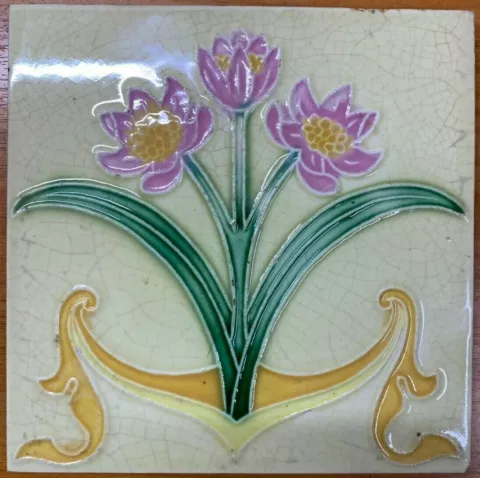 Antique Rare Vintage Majolica Tile Belgium 6x6 Inch Floral Collectible Cover