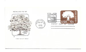 U588 13c Liberty Tree embossed envelope, revalued to 15c Farnam, HF, FDC - Picture 1 of 1